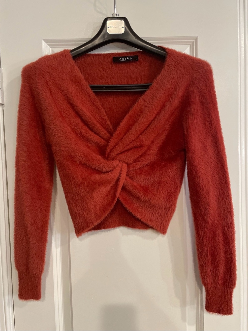 AKIRA Rust-Red Twist Front V-Neck Fuzzy Sweater